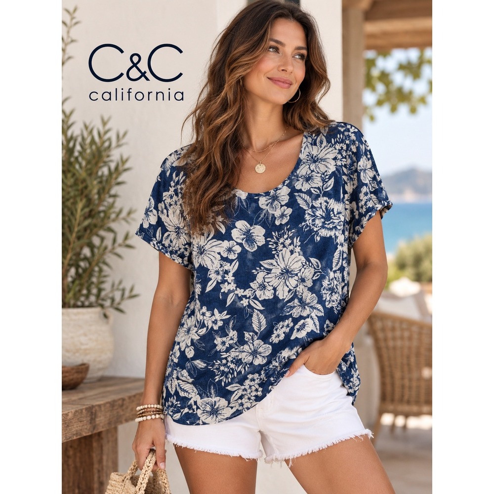 C&C California 100% Linen Floral Navy Blue White Short Sleeve Lightweight Top 1X